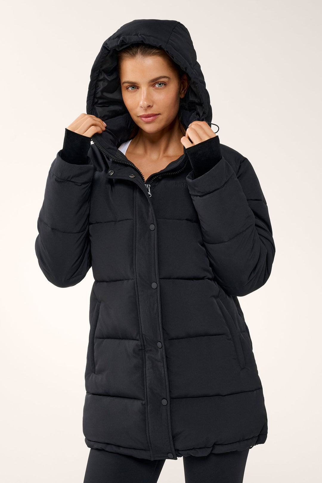 Black women's quilted hooded puffer jacket with long sleeves