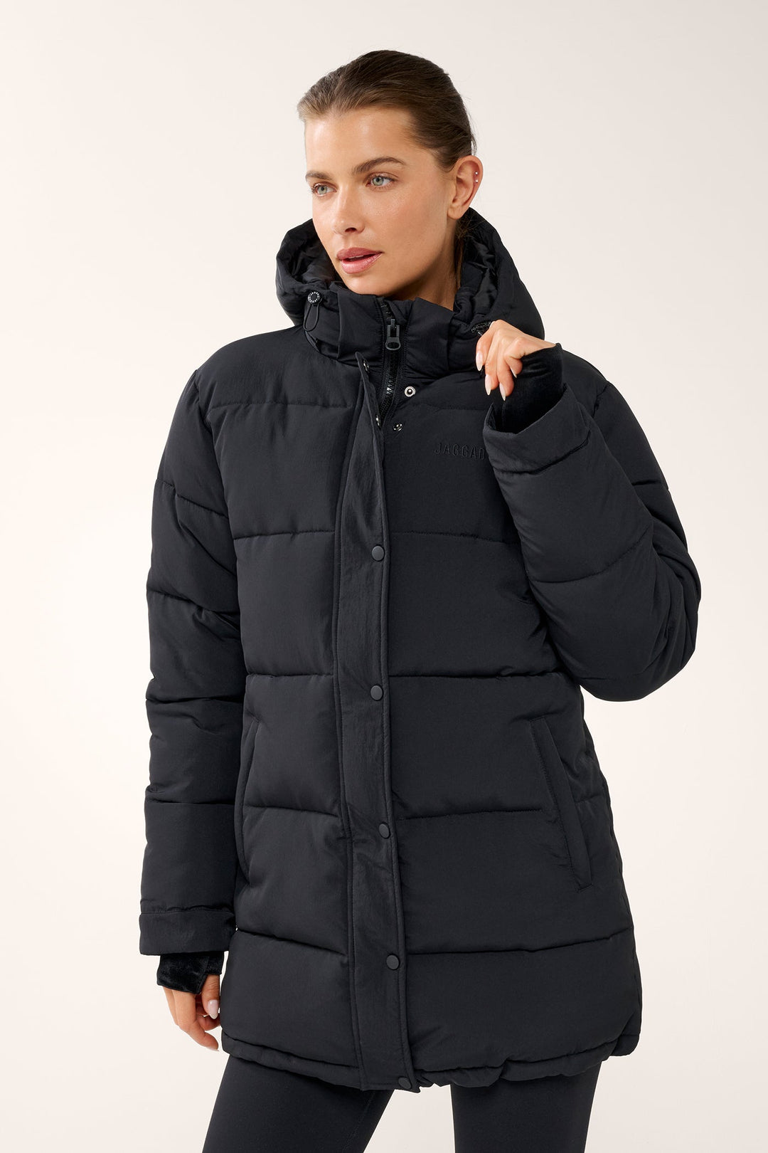 Black women's quilted hooded puffer jacket with long sleeves