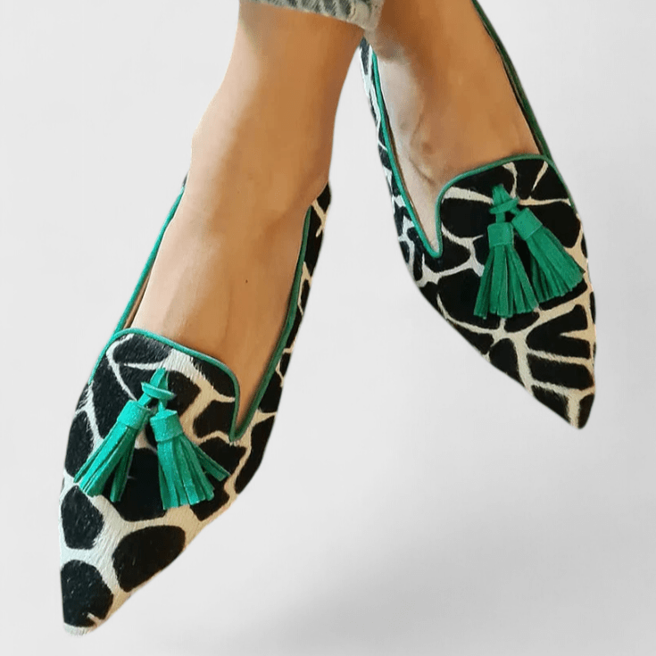 Women's pointed animal pattern loafers with tassels
