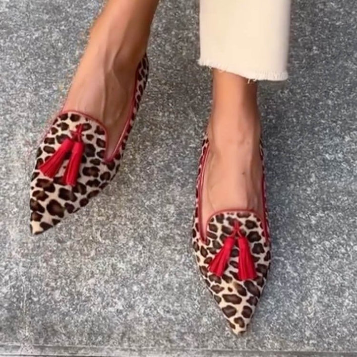 Women's pointed animal pattern loafers with tassels