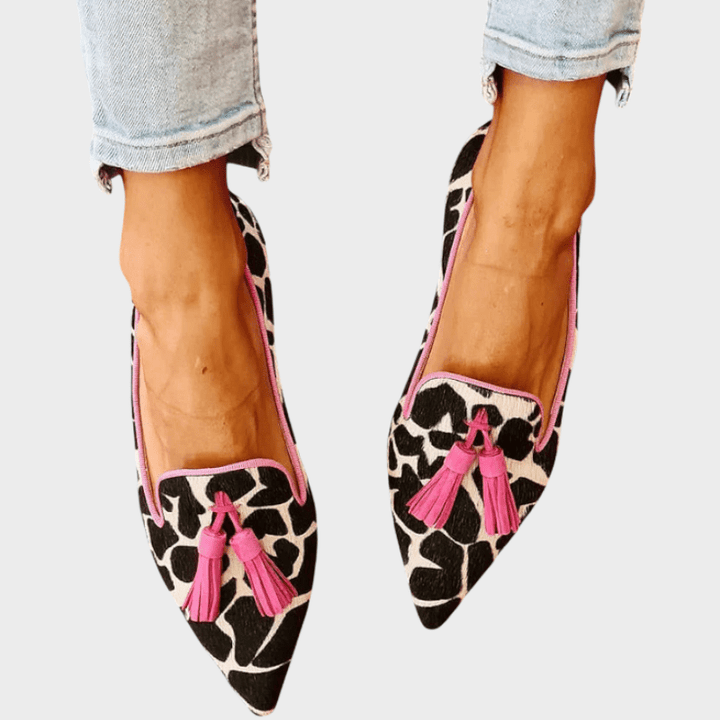 Women's pointed animal pattern loafers with tassels