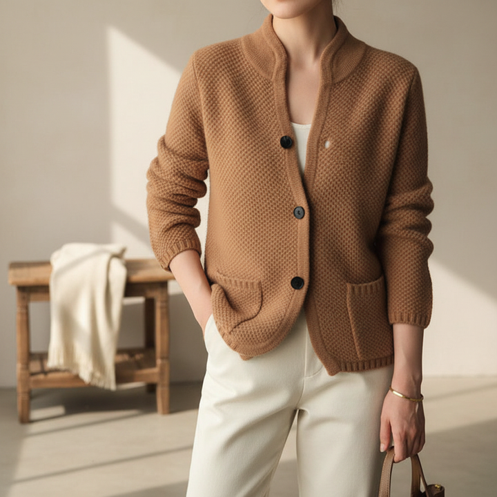 Women's textured knit cardigan with stand collar, buttons, long sleeves and front pockets