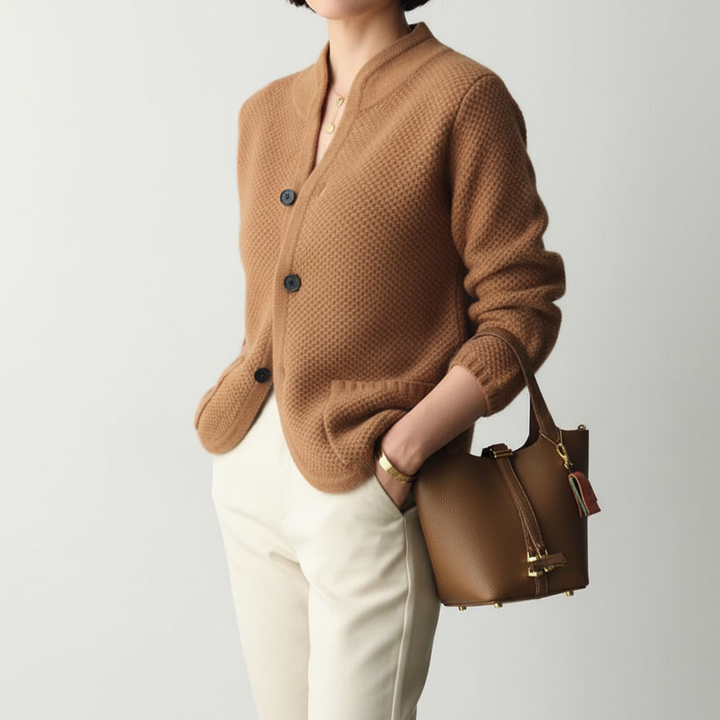 Women's textured knit cardigan with stand collar, buttons, long sleeves and front pockets