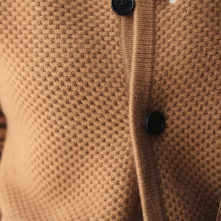 Women's textured knit cardigan with stand collar, buttons, long sleeves and front pockets