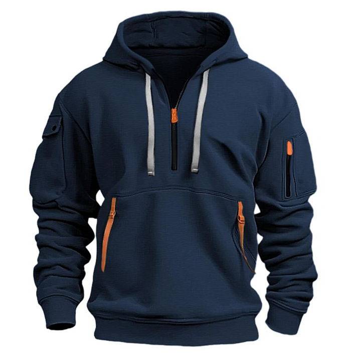 Men's hooded pullover hoodie with long sleeves, drawcord hood and zip pockets