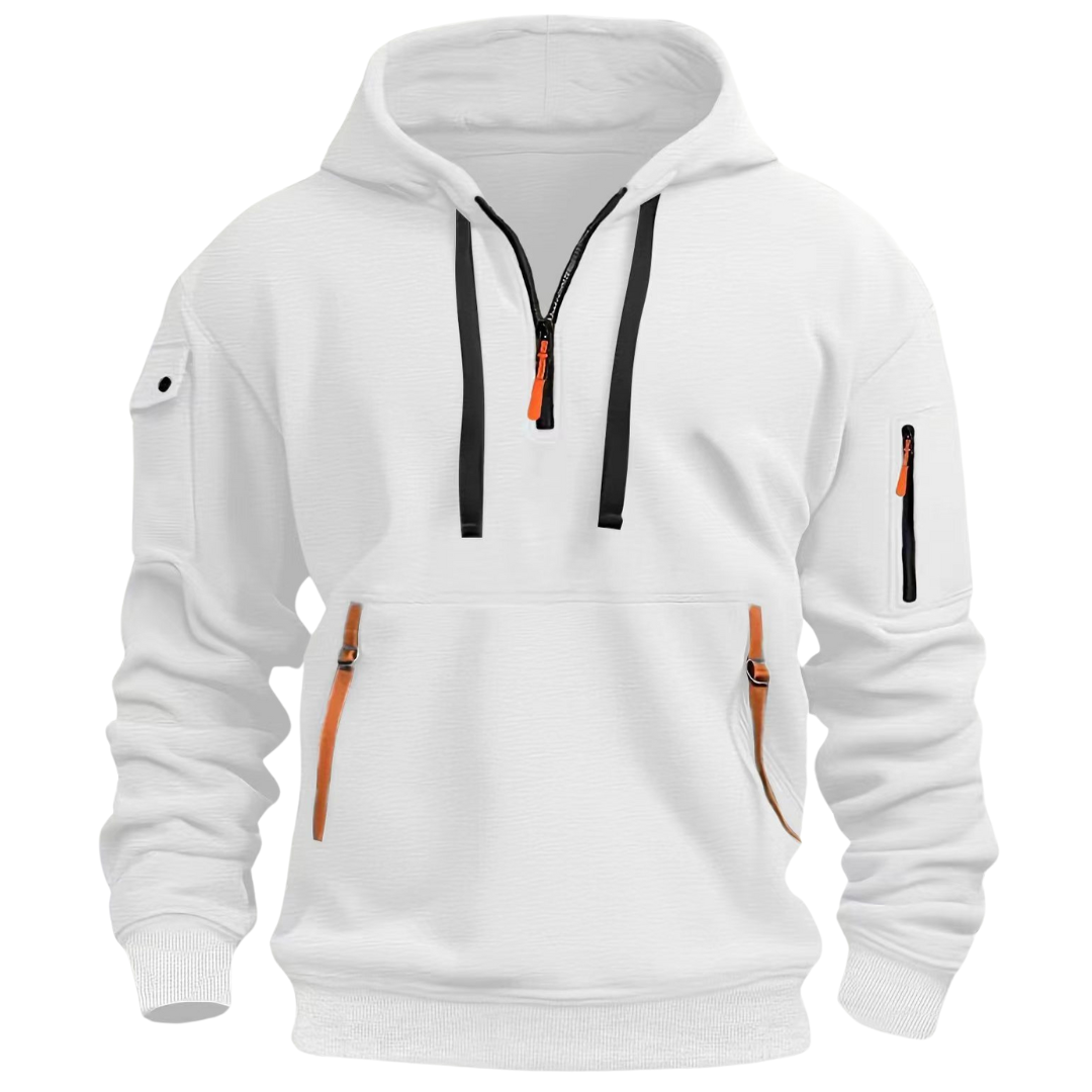 Men's hooded pullover hoodie with long sleeves, drawcord hood and zip pockets