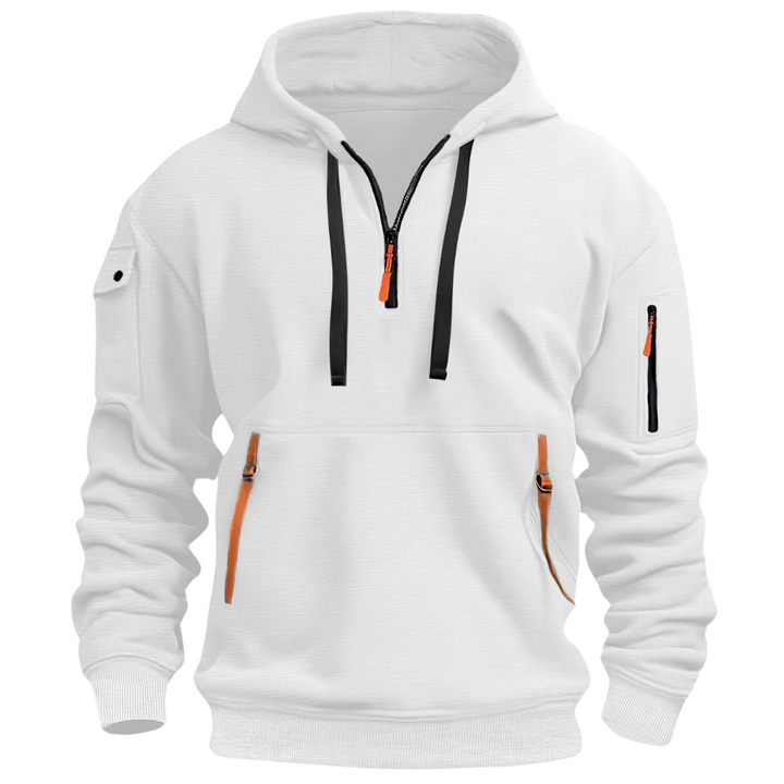 Men's hooded pullover hoodie with long sleeves, drawcord hood and zip pockets