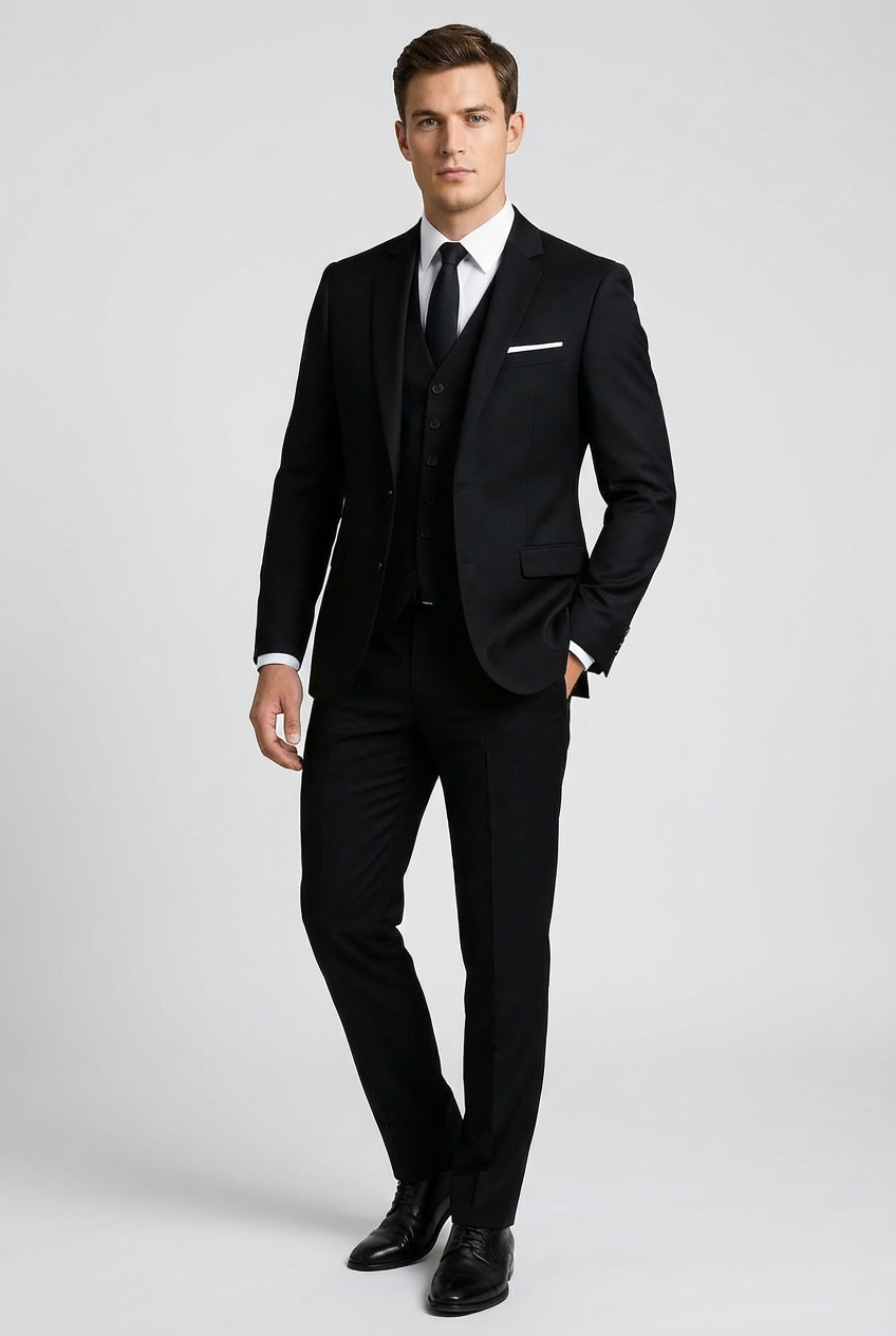 Men's three-piece slim fit suit with tailored jacket and buttoned waistcoat