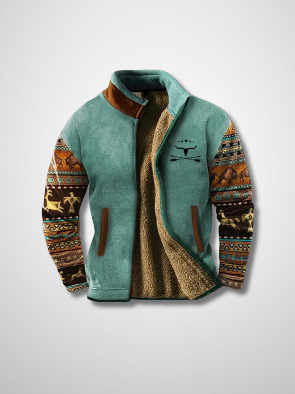 Men's sherpa-lined zip jacket with patterned sleeves and stand collar