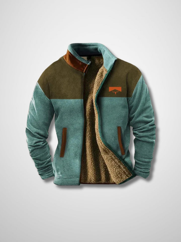 Men's sherpa-lined zip jacket with patterned sleeves and stand collar