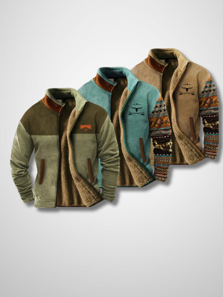 Men's sherpa-lined zip jacket with patterned sleeves and stand collar