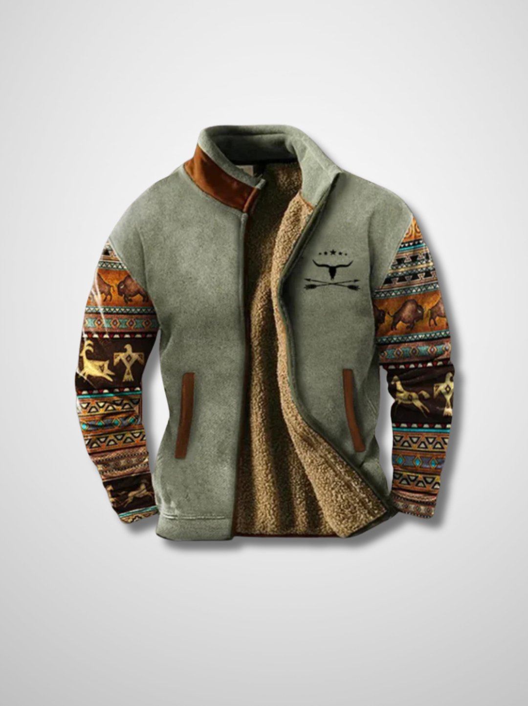 Men's sherpa-lined zip jacket with patterned sleeves and stand collar