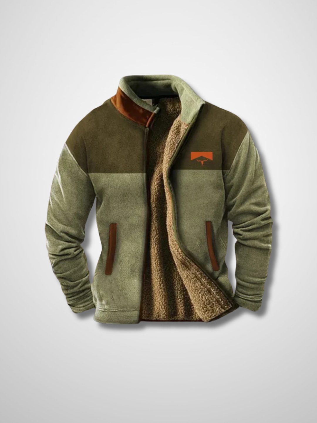 Men's sherpa-lined zip jacket with patterned sleeves and stand collar