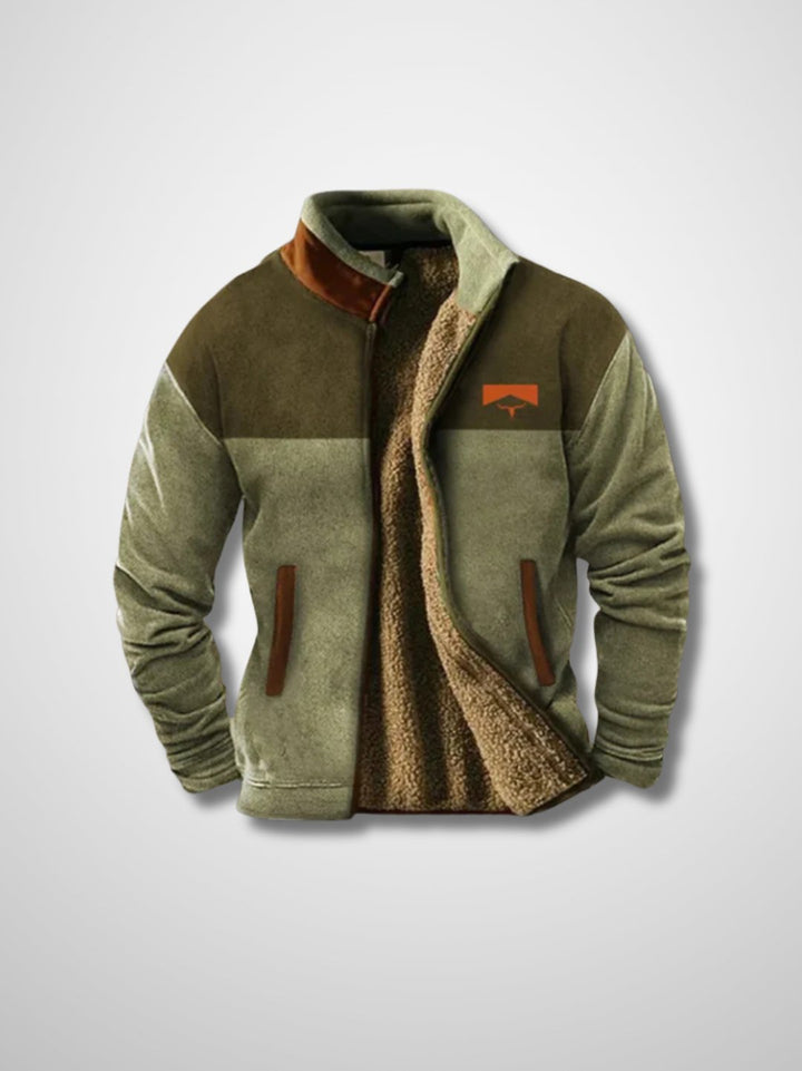 Men's sherpa-lined zip jacket with patterned sleeves and stand collar