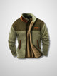 Men's sherpa-lined zip jacket with patterned sleeves and stand collar