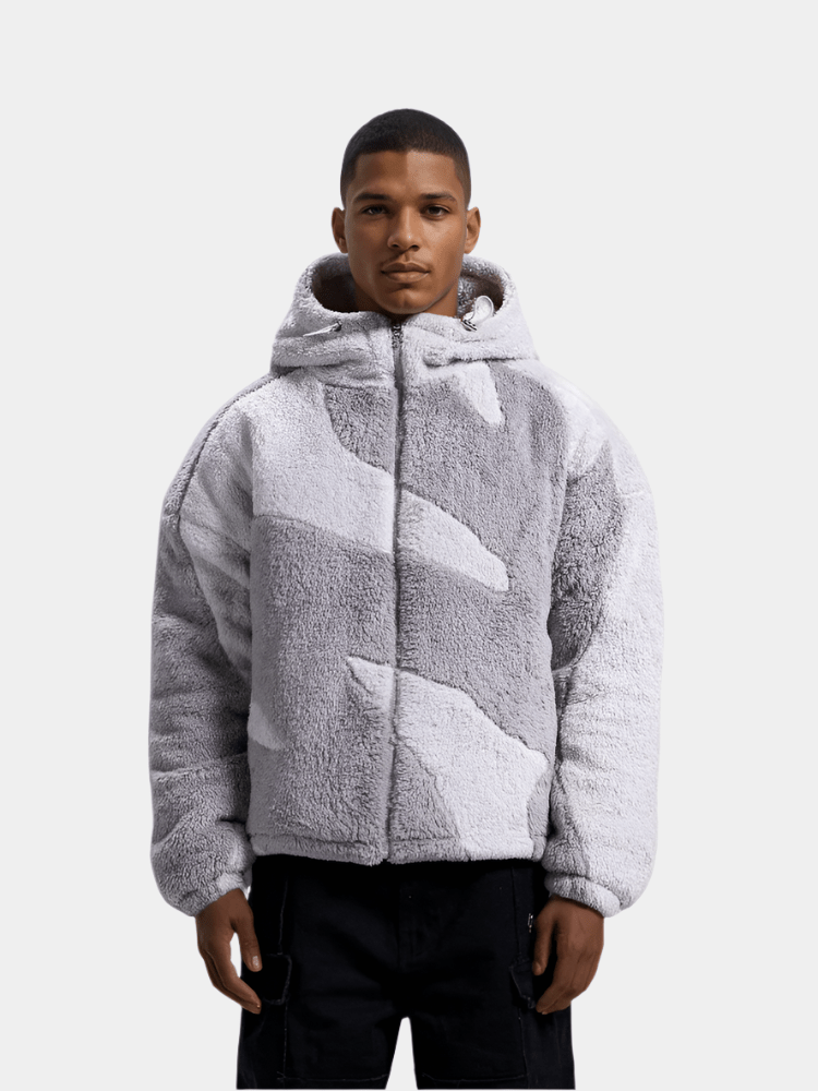 Men's hooded jacket with contrasting geometric panels and zip front