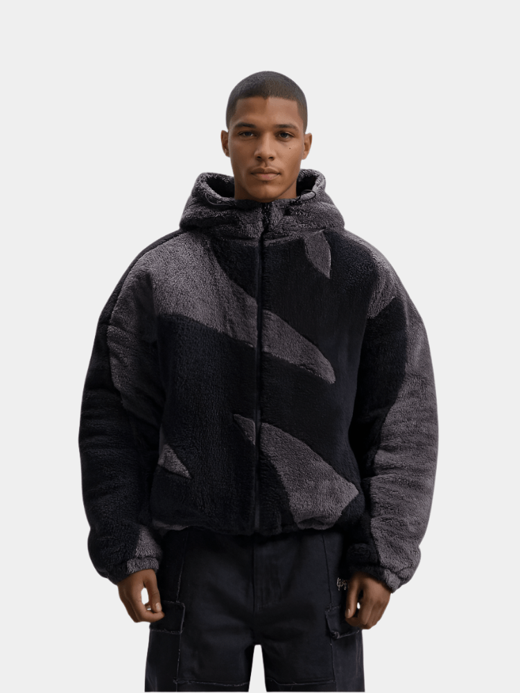 Men's hooded jacket with contrasting geometric panels and zip front