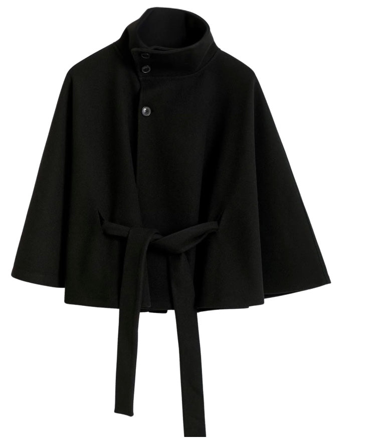 Women's belted high collar cape coat with wide sleeves and button front