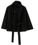 Women's belted high collar cape coat with wide sleeves and button front