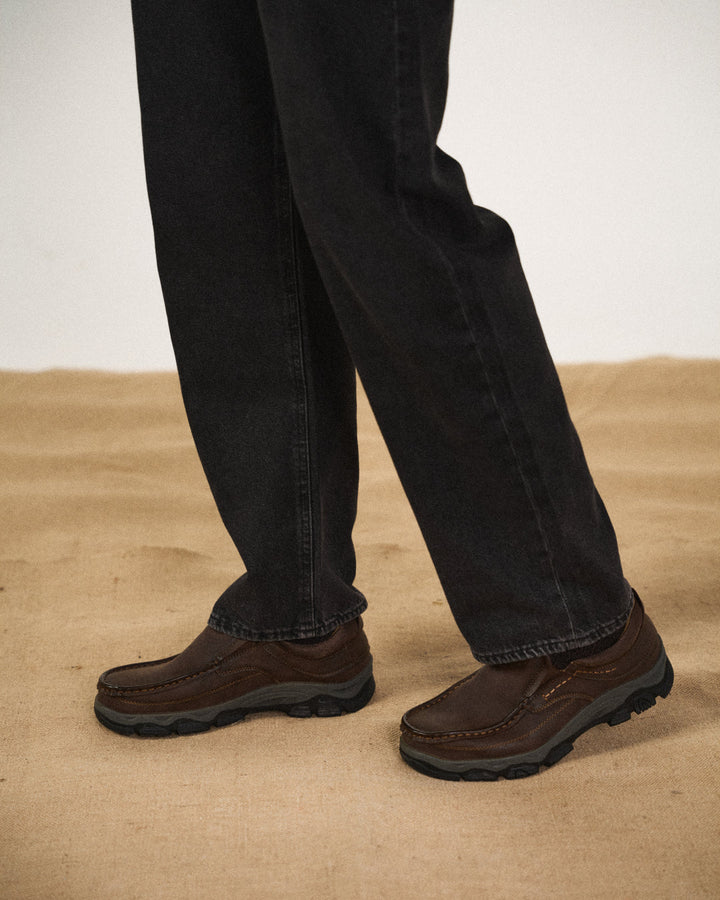 Unisex brown moc toe loafers with chunky soles