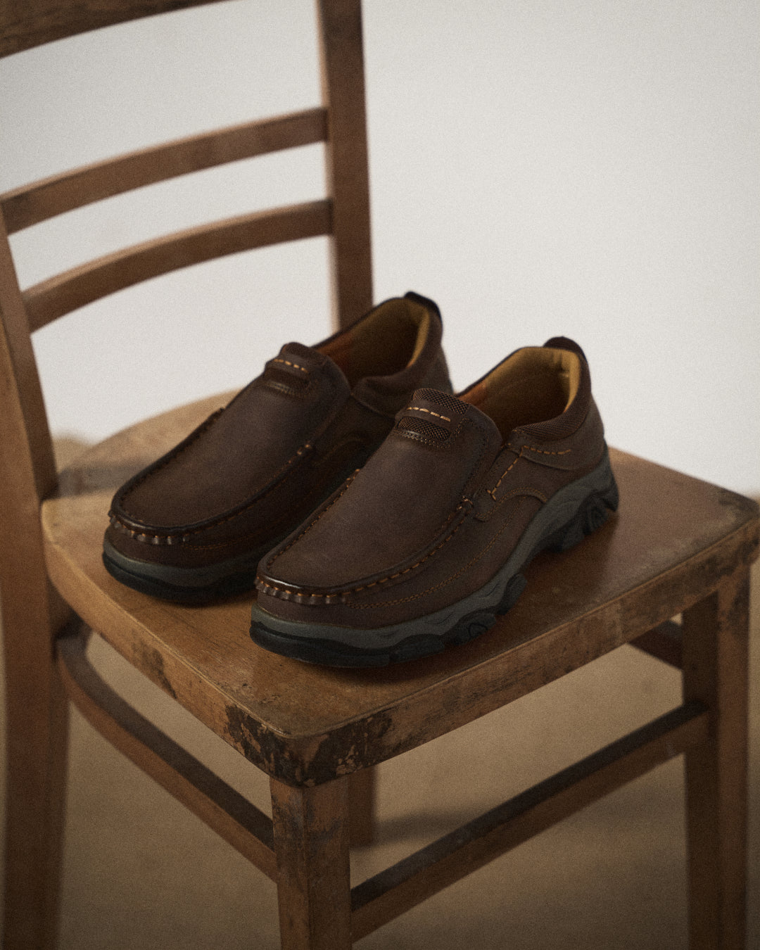 Unisex brown moc toe loafers with chunky soles