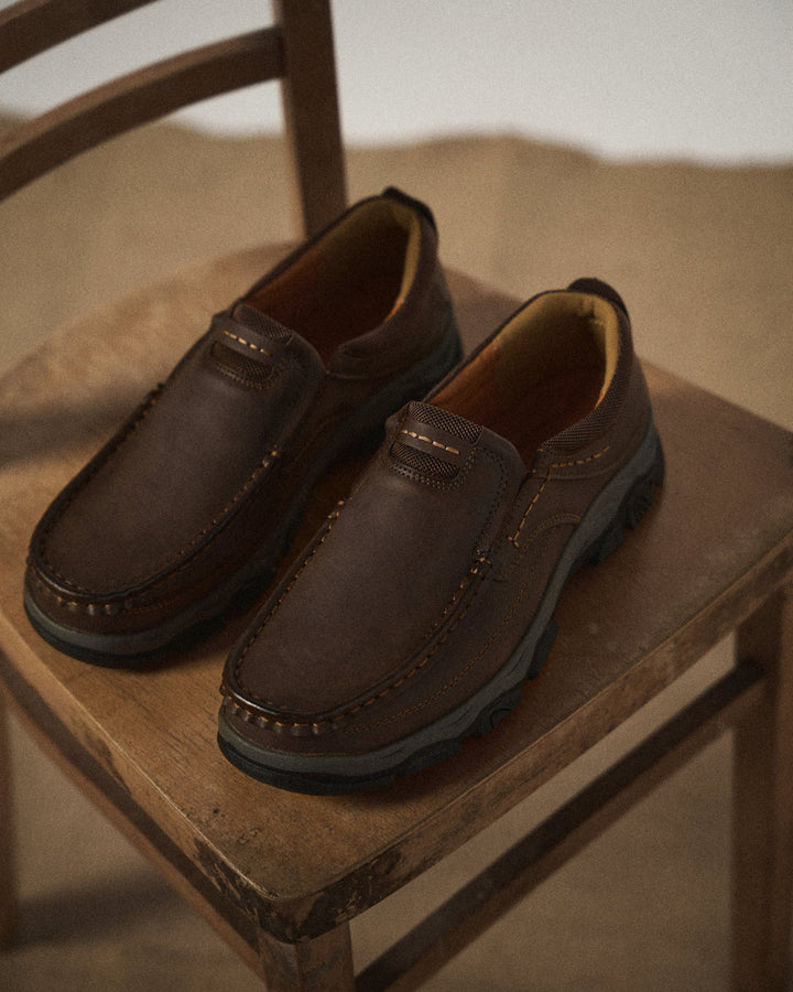 Unisex brown moc toe loafers with chunky soles