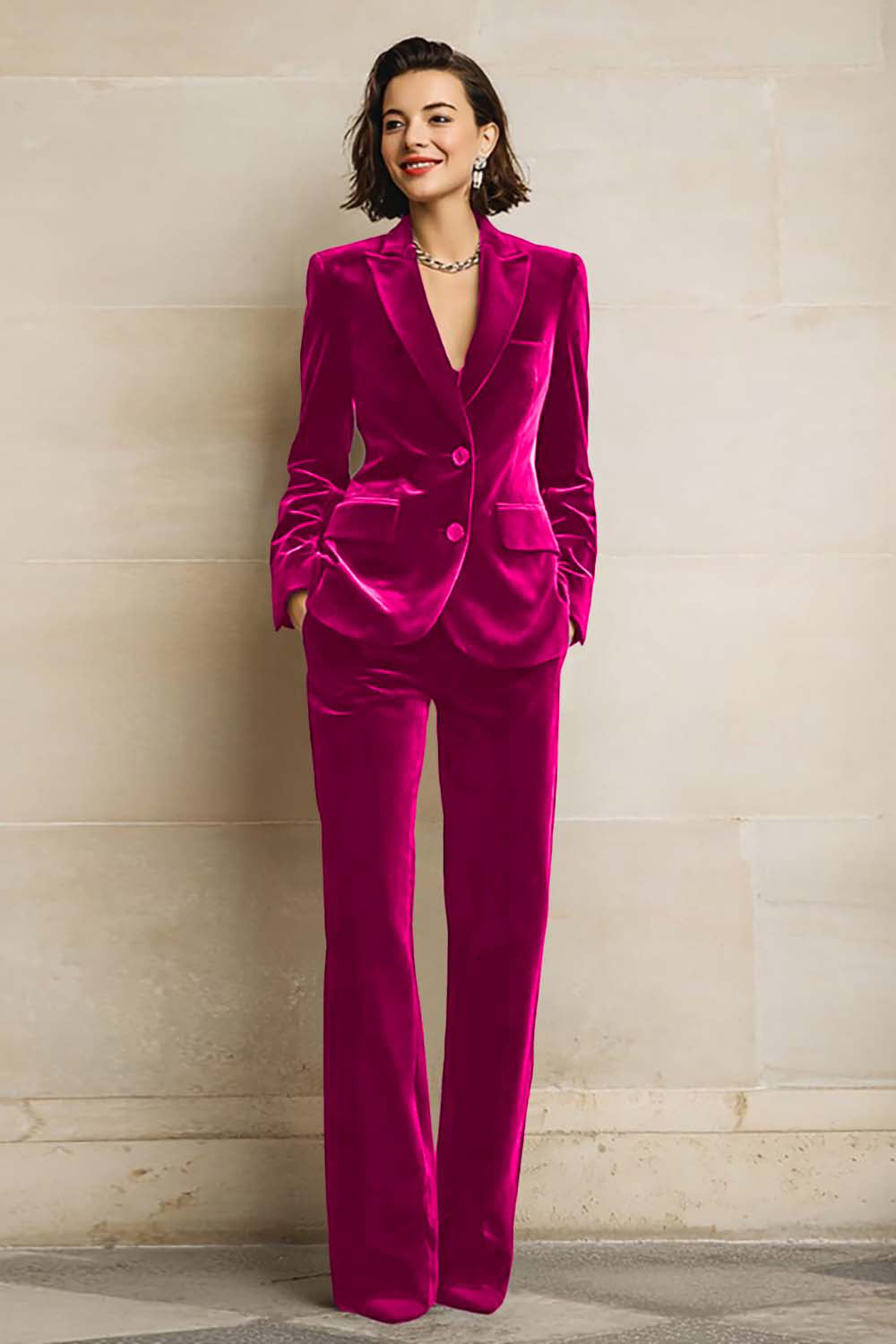 Women's velvet two-piece suit with peak-lapel blazer and wide-leg trousers