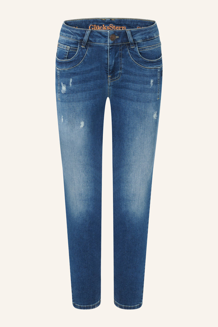 Women's blue low-rise slim fit jeans with ankle-length legs