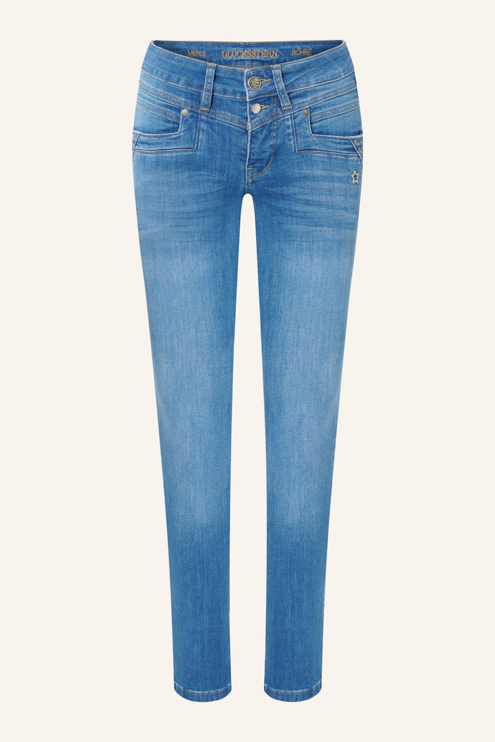 Women's blue slim fit jeans with studded rear pocket detail