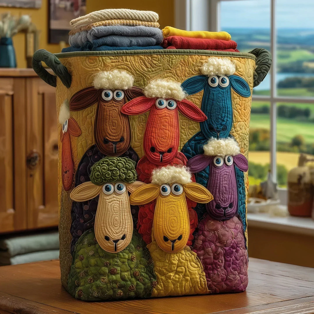 Multicolor quilted laundry basket with raised sheep appliqués and side handles
