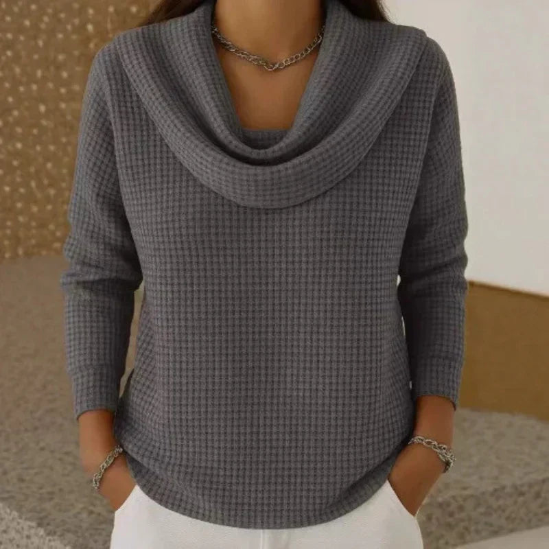Women's waffle-knit jumper with draped cowl neckline and long sleeves