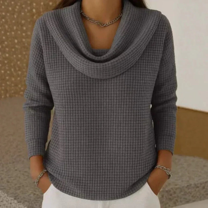 Women's waffle-knit jumper with draped cowl neckline and long sleeves