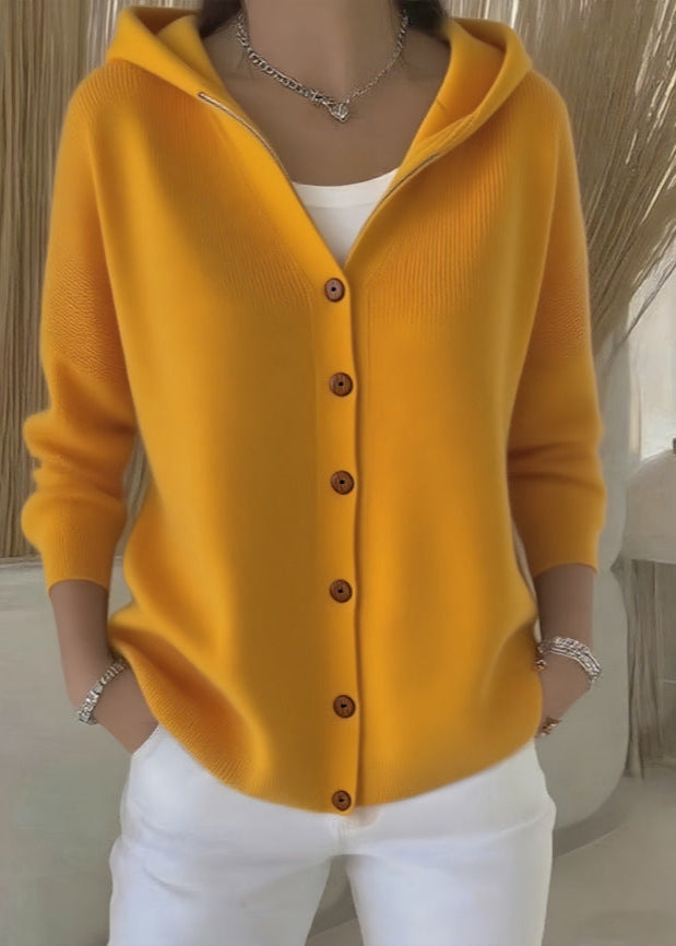 Women's hooded button-front cardigan with long sleeves and ribbed knit texture