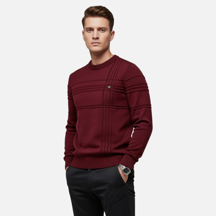 Men's long-sleeve crew neck sweater with horizontal textured stripes and ribbed trims