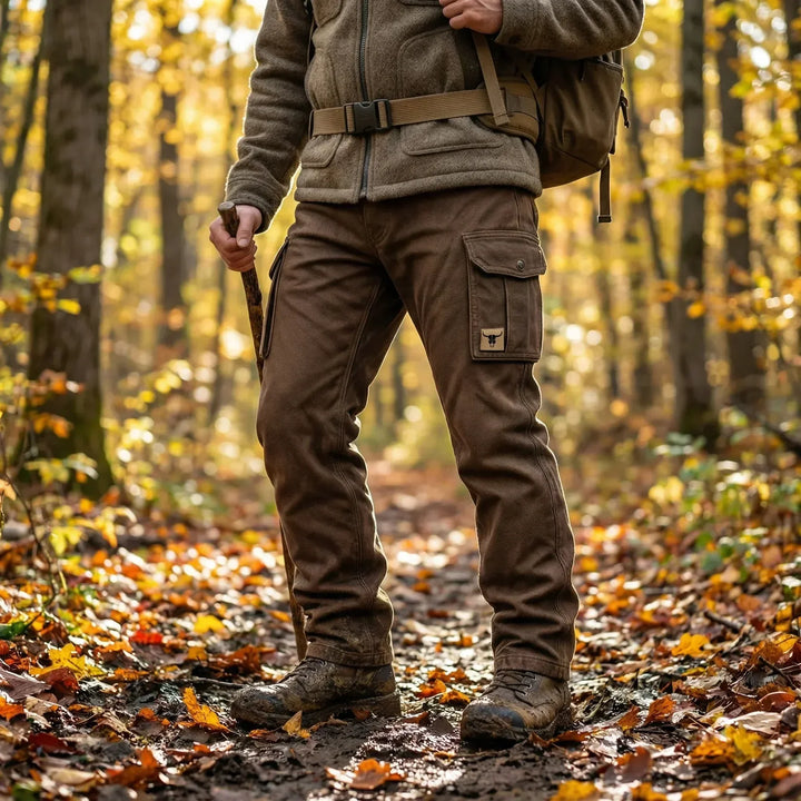 Brown cargo trousers with button flap pockets and matching belt