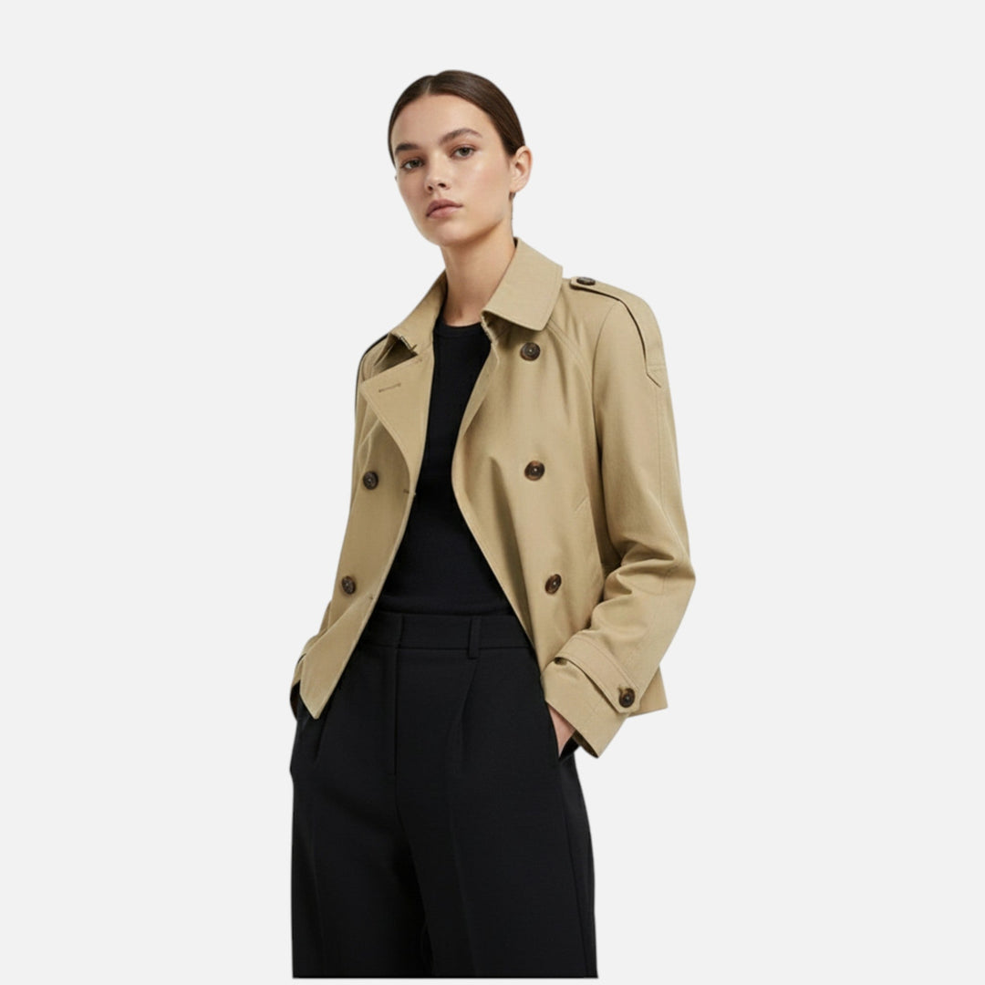 Women's cropped belted trench jacket with high collar and buttons