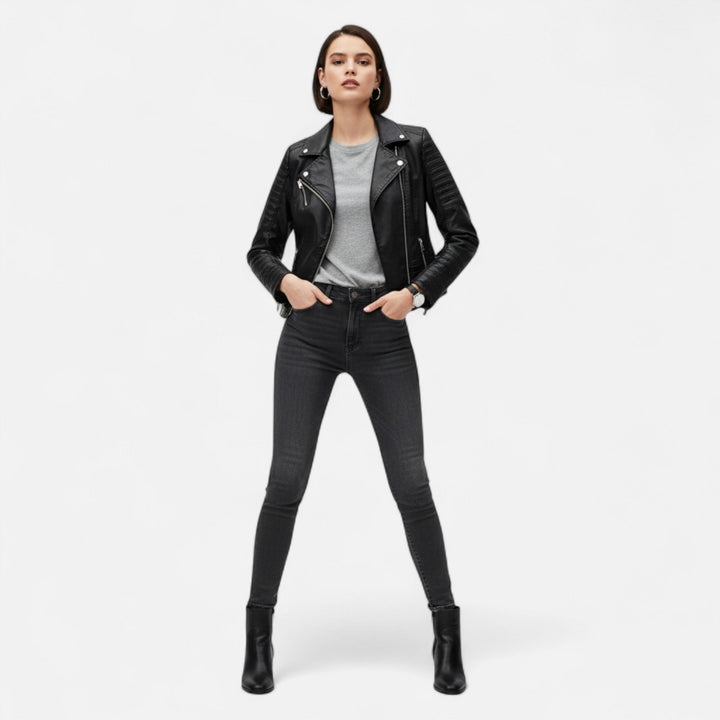 Women's black biker jacket with diagonal zip front and quilted sleeves