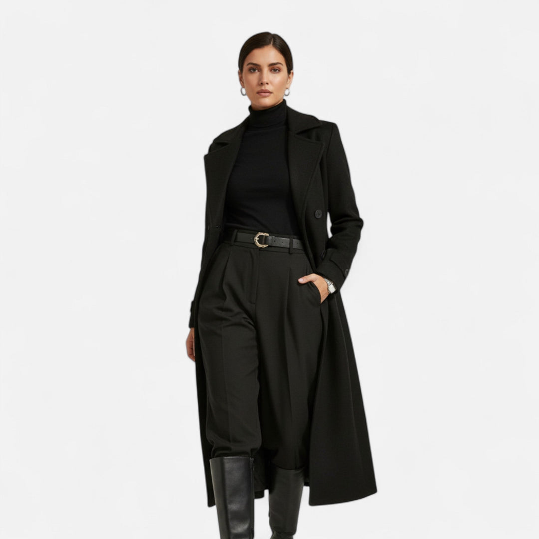 Women's long double-breasted coat with notched lapels, button front and curved flap pockets
