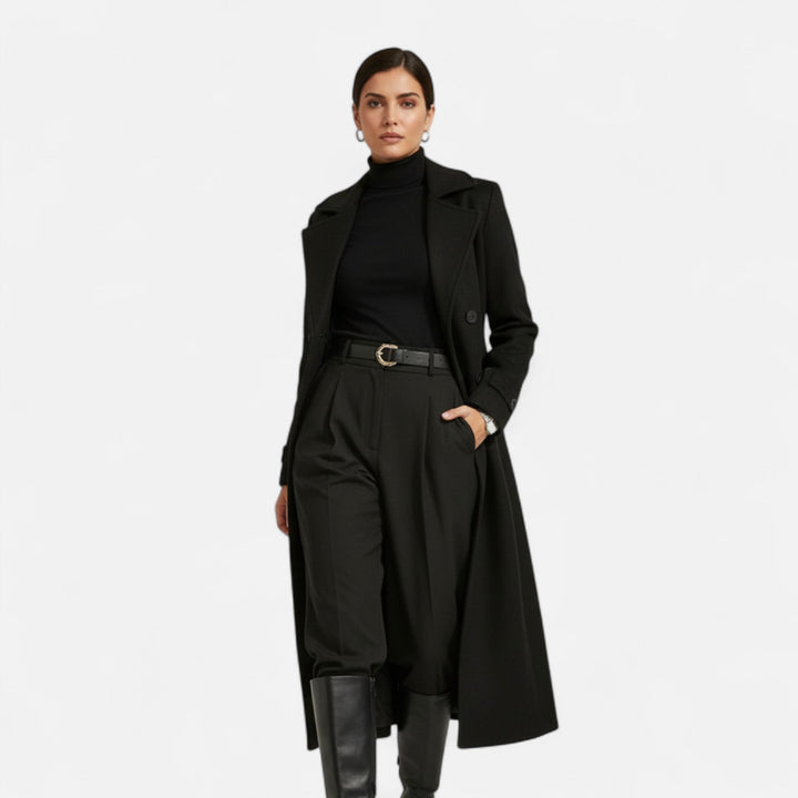 Women's long double-breasted coat with notched lapels, button front and curved flap pockets
