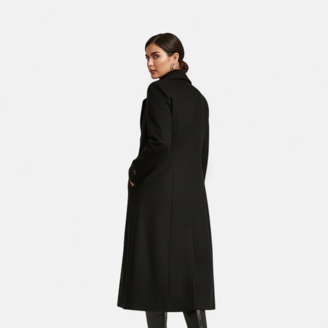 Women's long double-breasted coat with notched lapels, button front and curved flap pockets