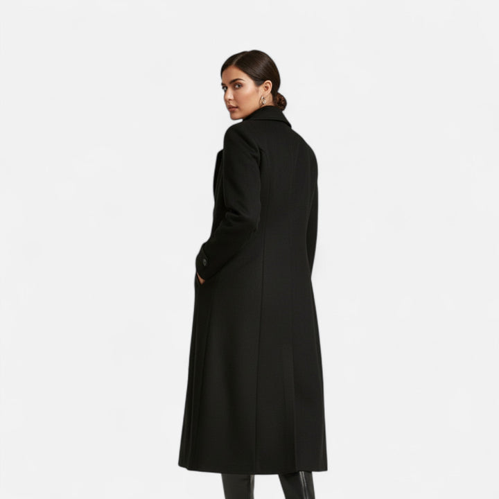 Women's long double-breasted coat with notched lapels, button front and curved flap pockets