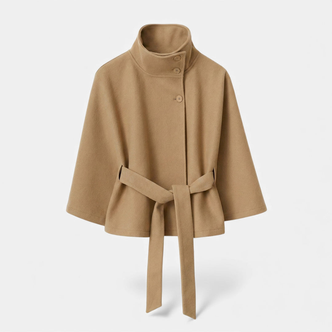 Women's short belted cape coat with stand collar and wide sleeves