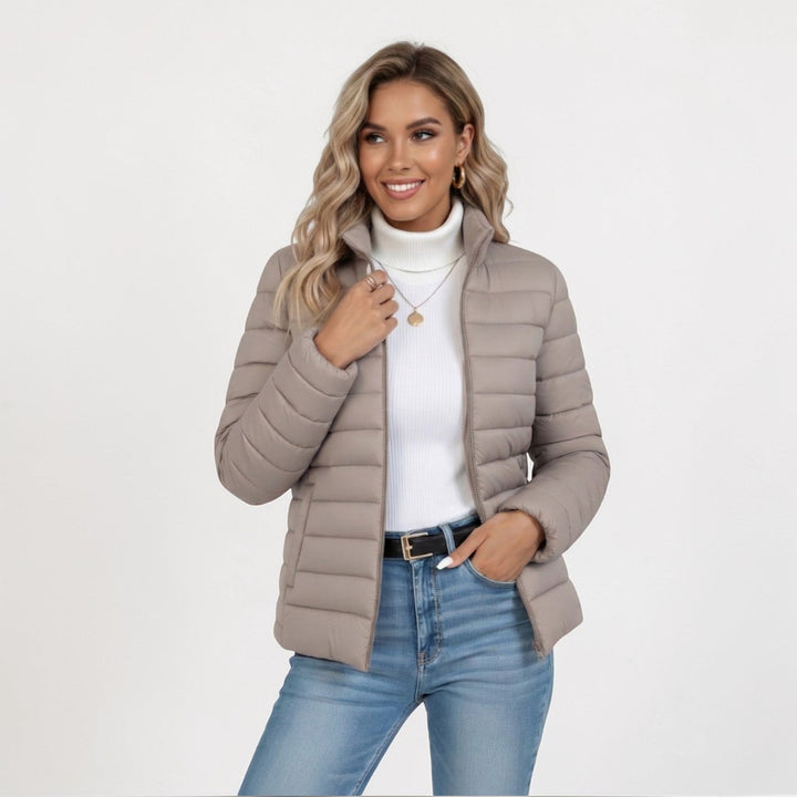 Women's quilted padded jacket with high collar and zip front