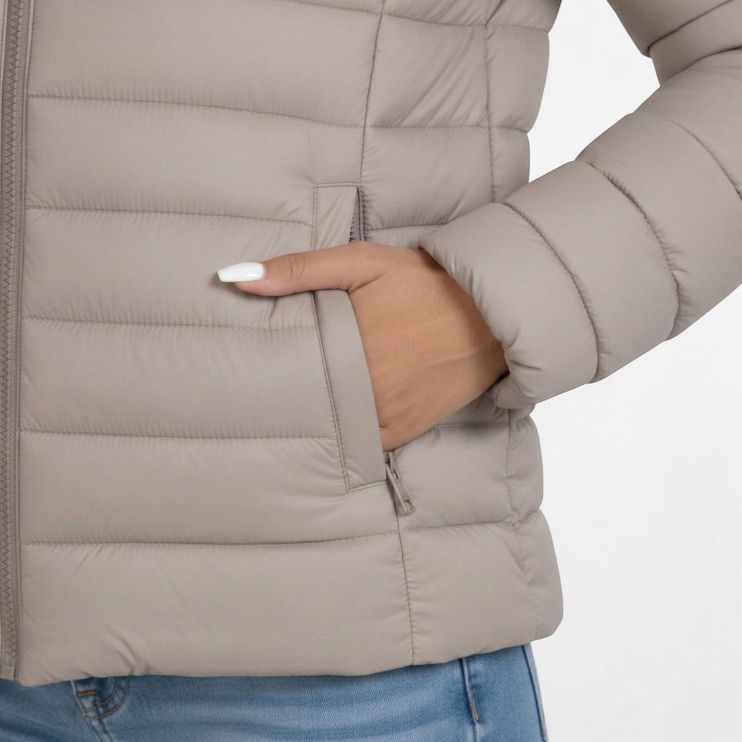 Women's quilted padded jacket with high collar and zip front