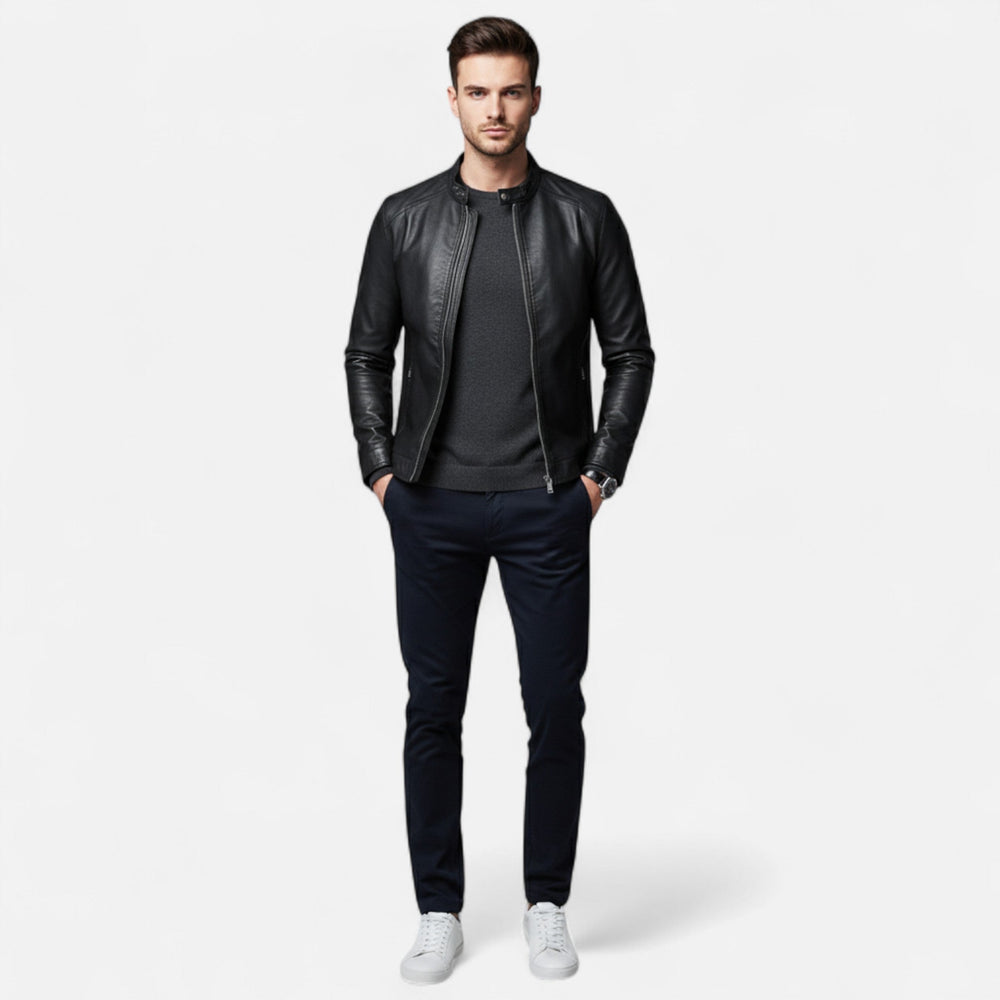 Men's black slim fit biker jacket with stand collar and zip front