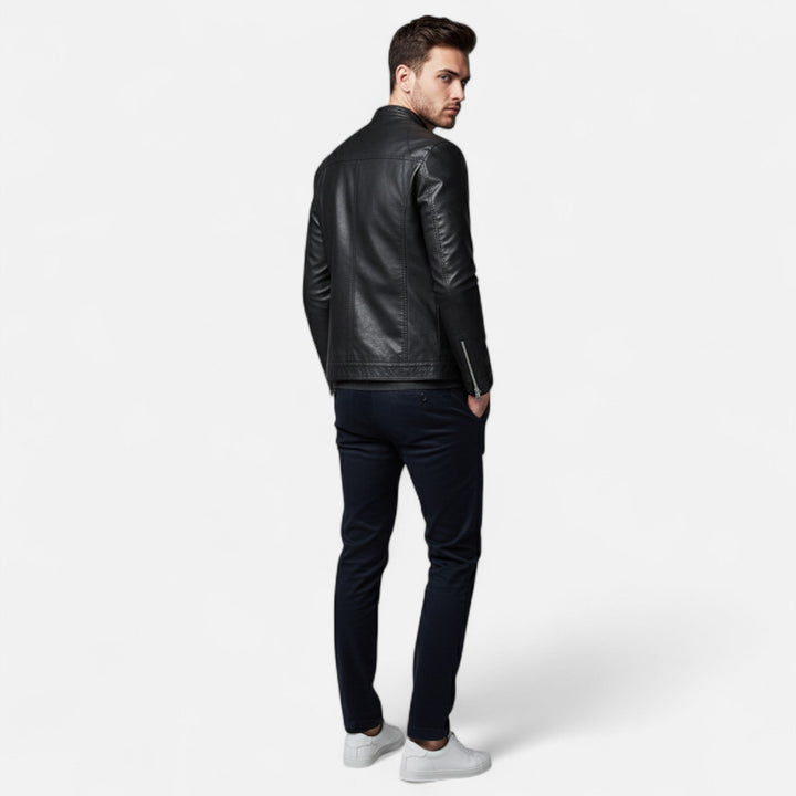 Men's black slim fit biker jacket with stand collar and zip front