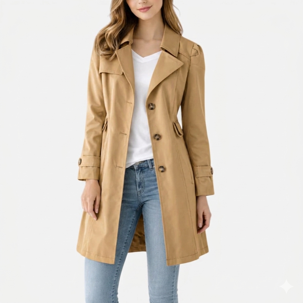 Women's long double-breasted trench coat with belt and cuff tabs