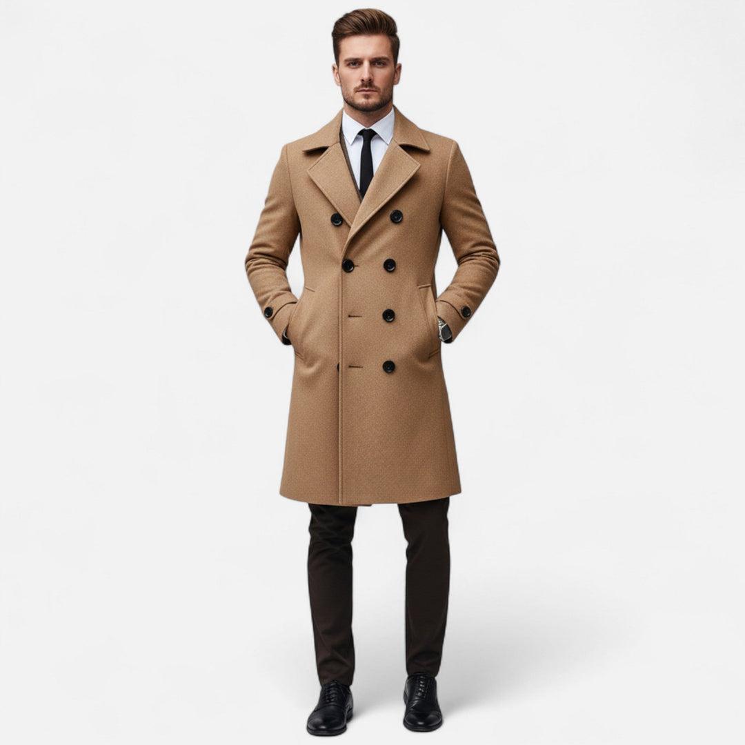 Men's long double-breasted overcoat with notched lapels and buttoned cuffs
