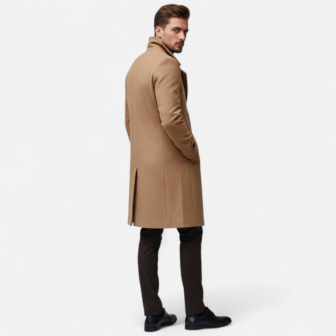 Men's long double-breasted overcoat with notched lapels and buttoned cuffs