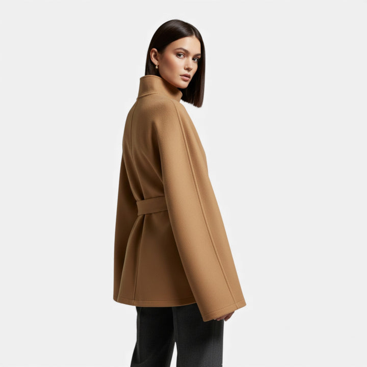 Women's short belted cape coat with stand collar and wide sleeves